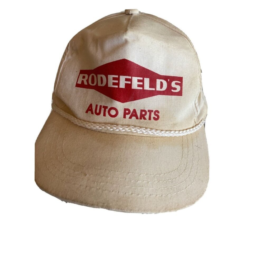 White Dirty Distressed Rodefeld's‎ Auto Parts Trucker Hat Cap